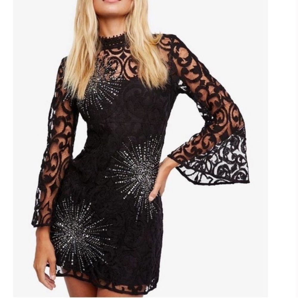 Free People Black Lace Mini Dress with Starburst Details